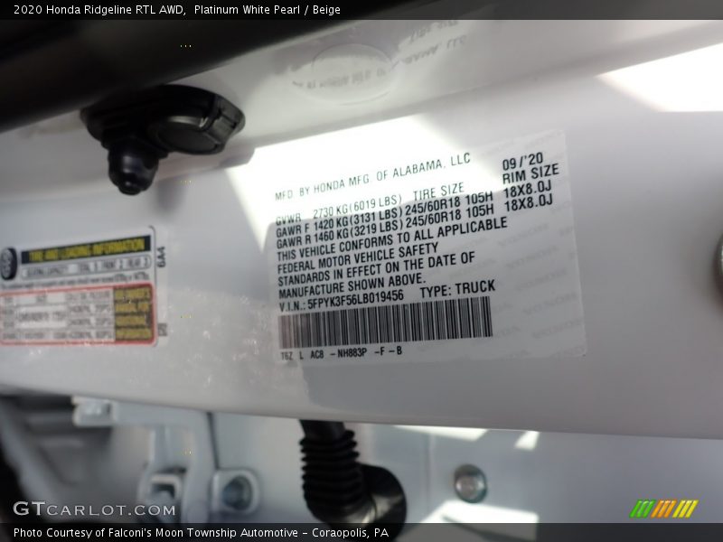 Platinum White Pearl / Beige 2020 Honda Ridgeline RTL AWD