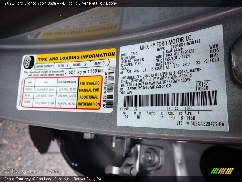 2021 Bronco Sport Base 4x4 Iconic Silver Metallic Color Code JS