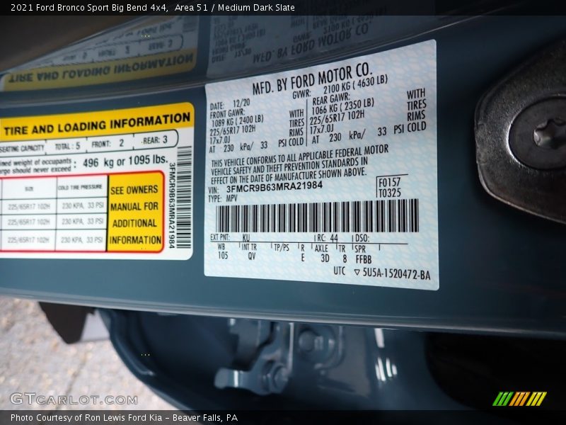 2021 Bronco Sport Big Bend 4x4 Area 51 Color Code KU