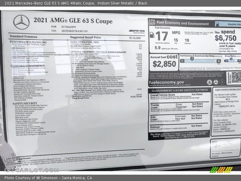  2021 GLE 63 S AMG 4Matic Coupe Window Sticker
