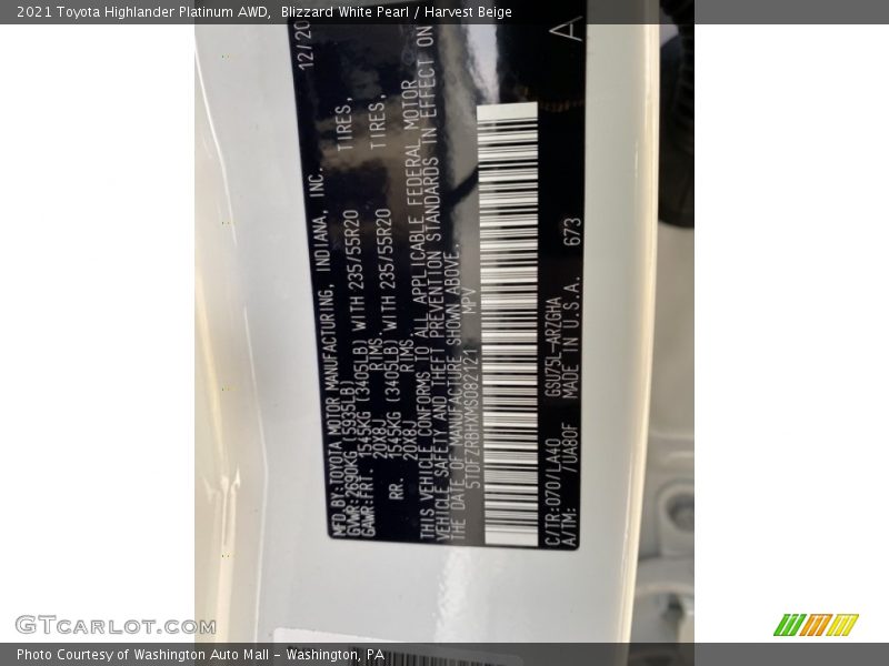 Blizzard White Pearl / Harvest Beige 2021 Toyota Highlander Platinum AWD