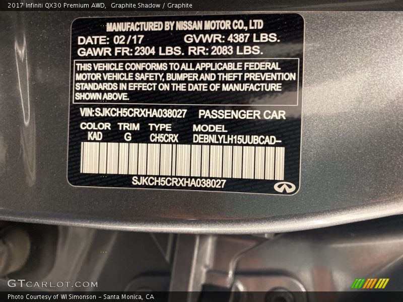 2017 QX30 Premium AWD Graphite Shadow Color Code KAD