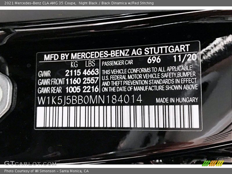 2021 CLA AMG 35 Coupe Night Black Color Code 696
