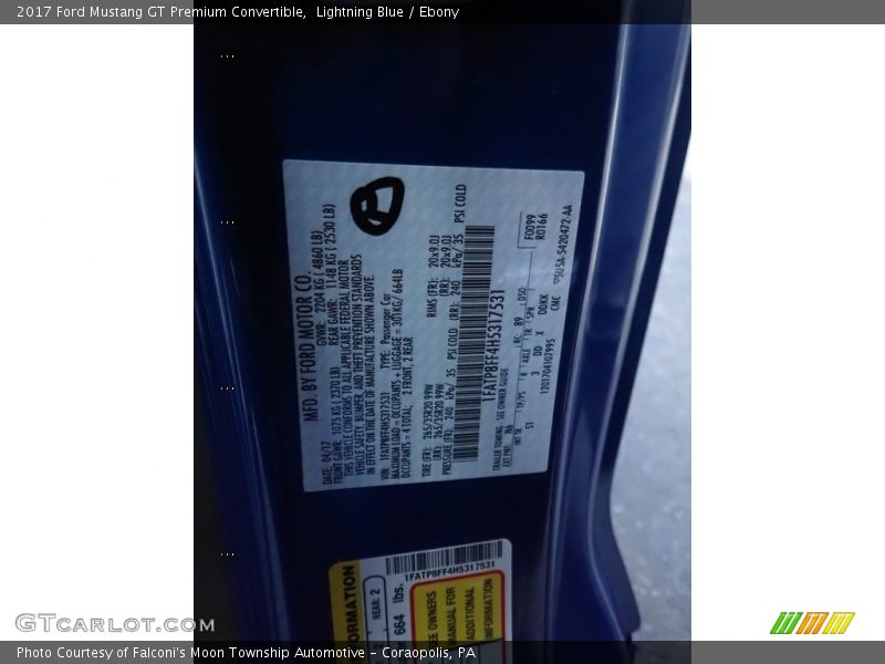 Lightning Blue / Ebony 2017 Ford Mustang GT Premium Convertible