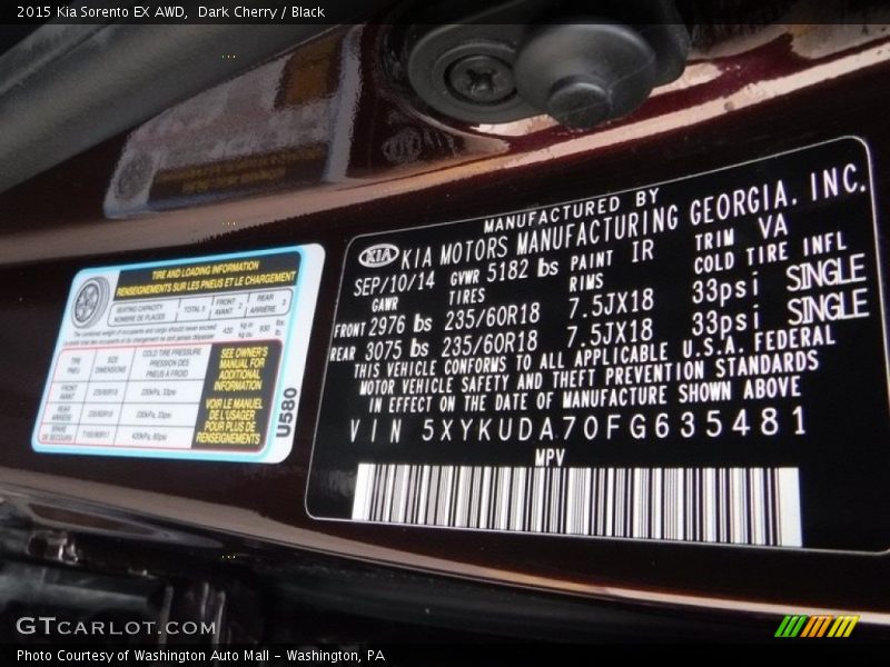 2015 Sorento EX AWD Dark Cherry Color Code IR
