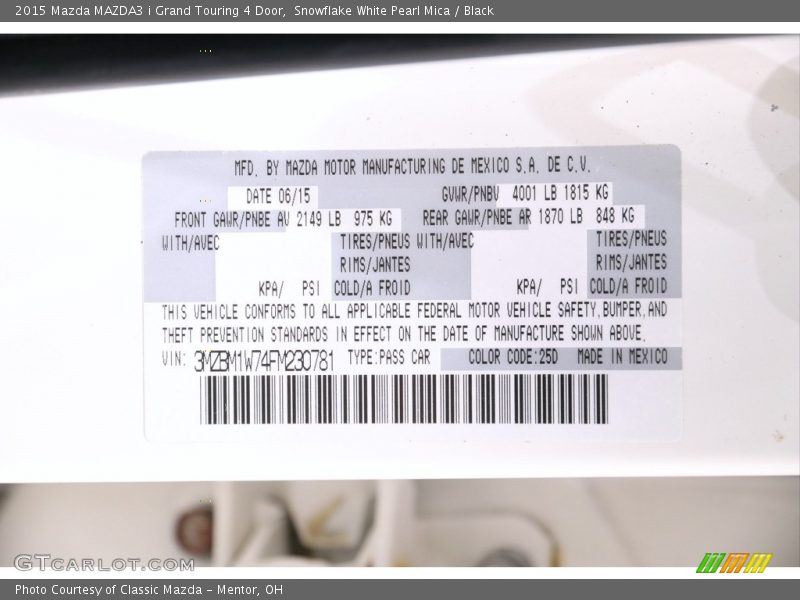 2015 MAZDA3 i Grand Touring 4 Door Snowflake White Pearl Mica Color Code 25D