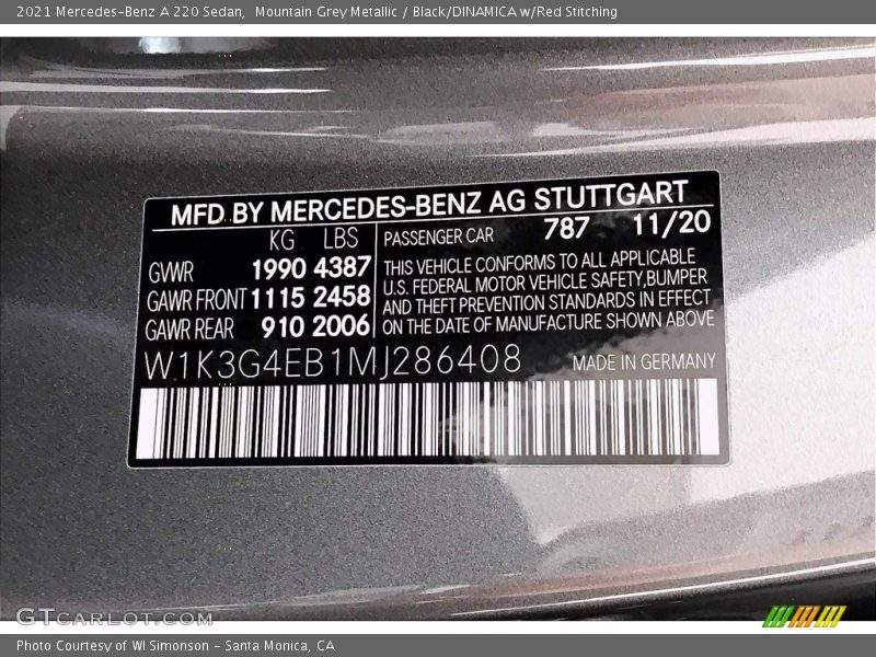 Mountain Grey Metallic / Black/DINAMICA w/Red Stitching 2021 Mercedes-Benz A 220 Sedan