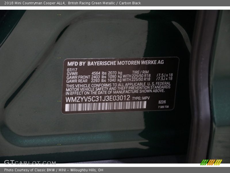 British Racing Green Metallic / Carbon Black 2018 Mini Countryman Cooper ALL4