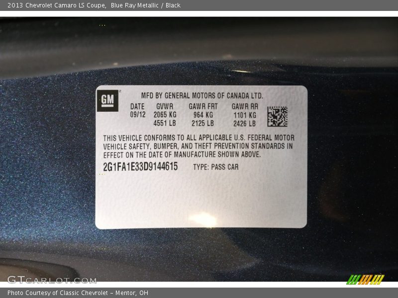 Blue Ray Metallic / Black 2013 Chevrolet Camaro LS Coupe