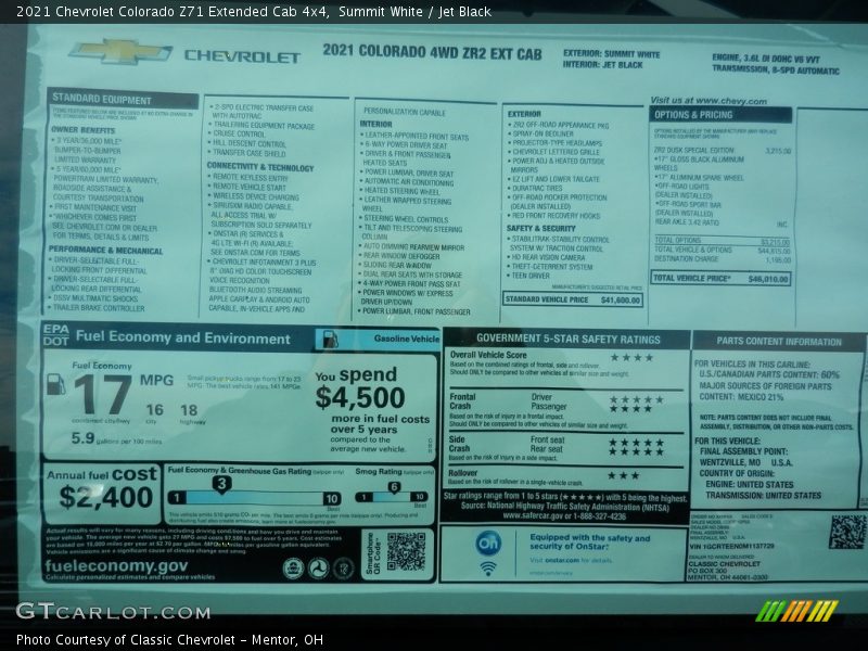  2021 Colorado Z71 Extended Cab 4x4 Window Sticker