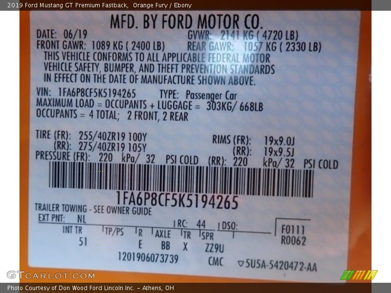 2019 Mustang GT Premium Fastback Orange Fury Color Code NL
