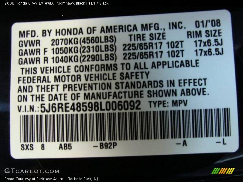Nighthawk Black Pearl / Black 2008 Honda CR-V EX 4WD