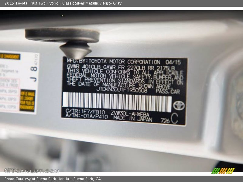 Classic Silver Metallic / Misty Gray 2015 Toyota Prius Two Hybrid