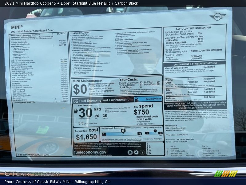 Starlight Blue Metallic / Carbon Black 2021 Mini Hardtop Cooper S 4 Door