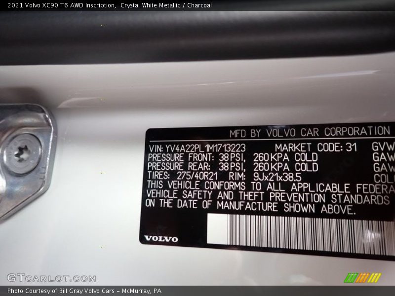 Crystal White Metallic / Charcoal 2021 Volvo XC90 T6 AWD Inscription