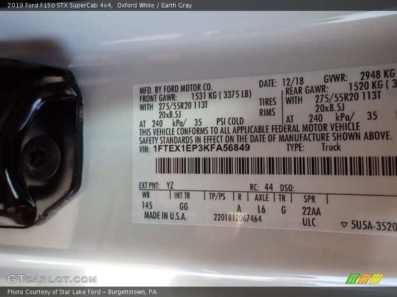 Oxford White / Earth Gray 2019 Ford F150 STX SuperCab 4x4