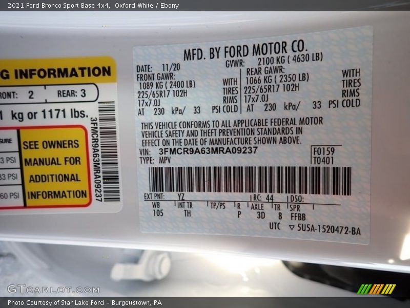 2021 Bronco Sport Base 4x4 Oxford White Color Code YZ