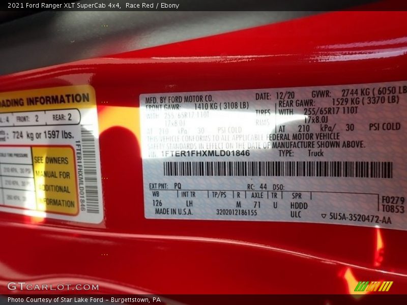 2021 Ranger XLT SuperCab 4x4 Race Red Color Code PQ
