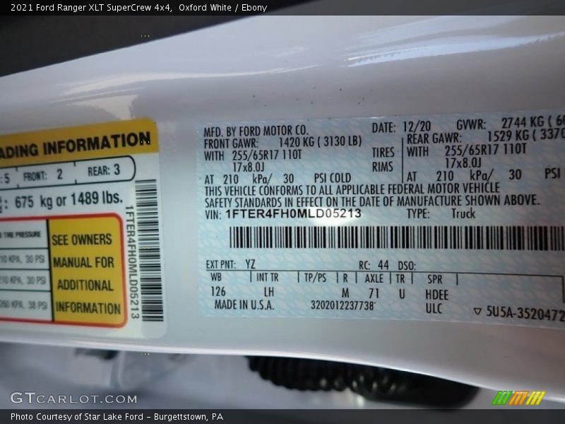 2021 Ranger XLT SuperCrew 4x4 Oxford White Color Code YZ