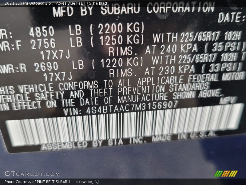 Abyss Blue Pearl / Slate Black 2021 Subaru Outback 2.5i