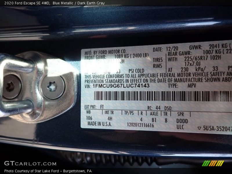2020 Escape SE 4WD Blue Metallic Color Code FT