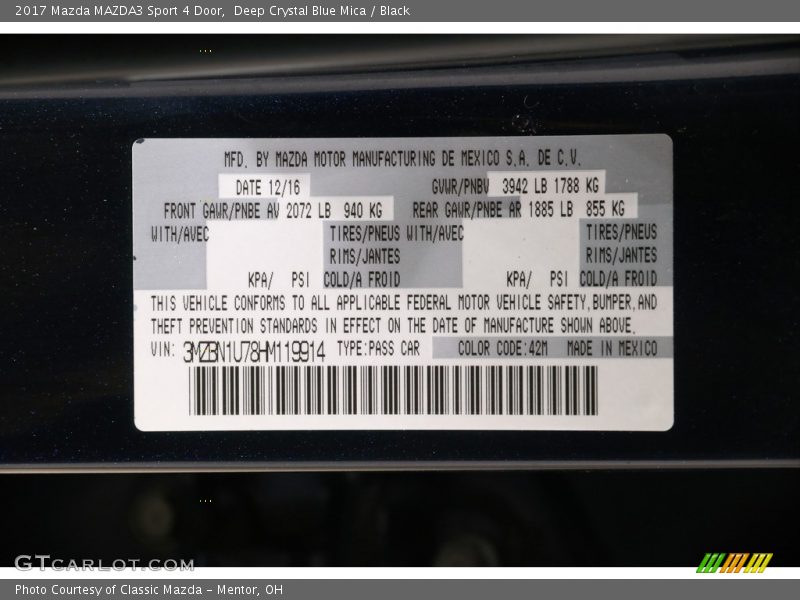 Deep Crystal Blue Mica / Black 2017 Mazda MAZDA3 Sport 4 Door