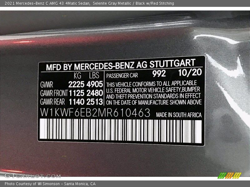 2021 C AMG 43 4Matic Sedan Selenite Gray Metallic Color Code 992