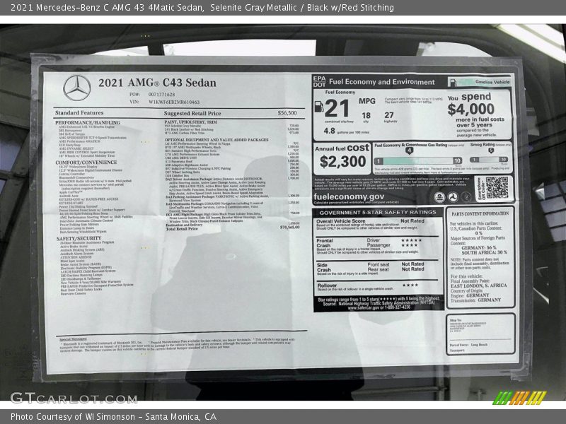  2021 C AMG 43 4Matic Sedan Window Sticker