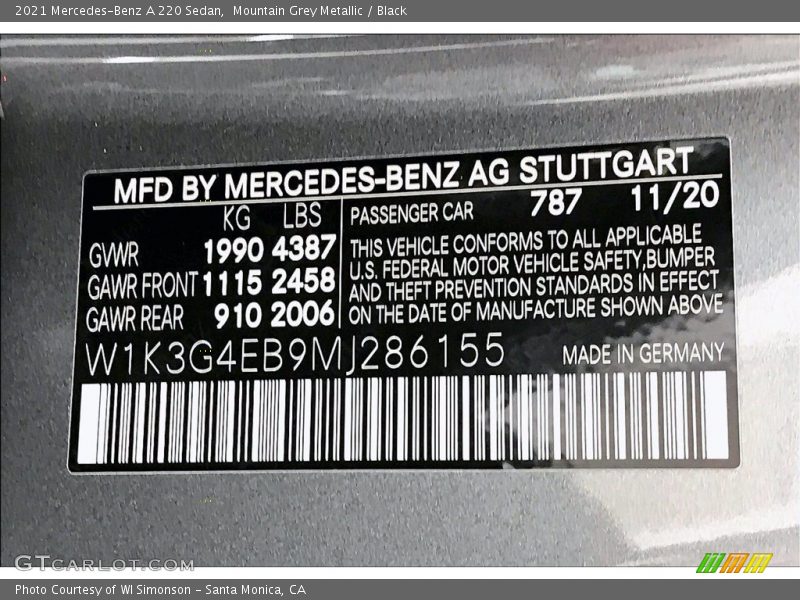 Mountain Grey Metallic / Black 2021 Mercedes-Benz A 220 Sedan