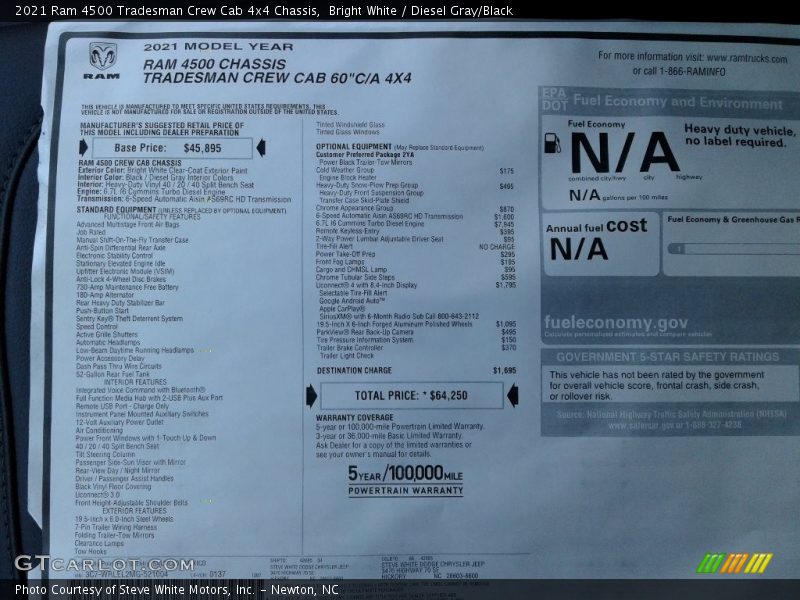  2021 4500 Tradesman Crew Cab 4x4 Chassis Window Sticker
