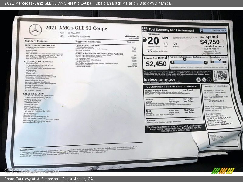  2021 GLE 53 AMG 4Matic Coupe Window Sticker