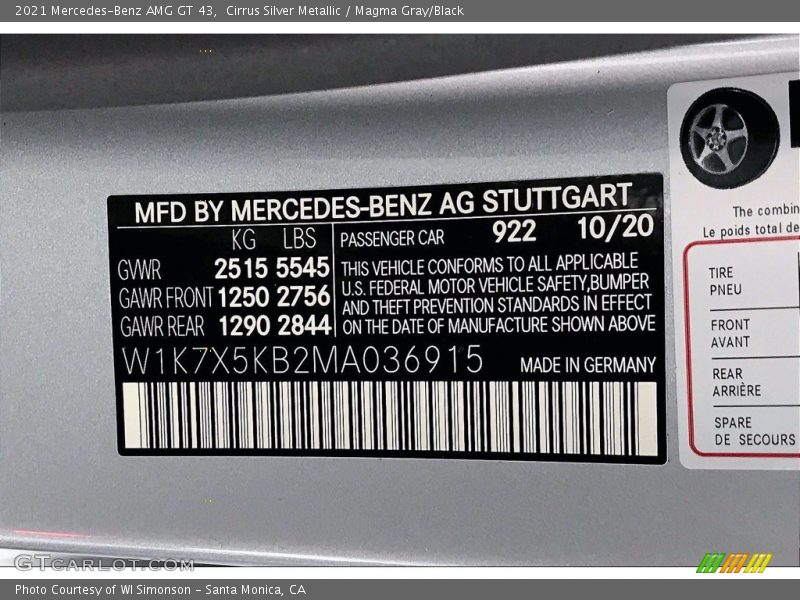 2021 AMG GT 43 Cirrus Silver Metallic Color Code 922