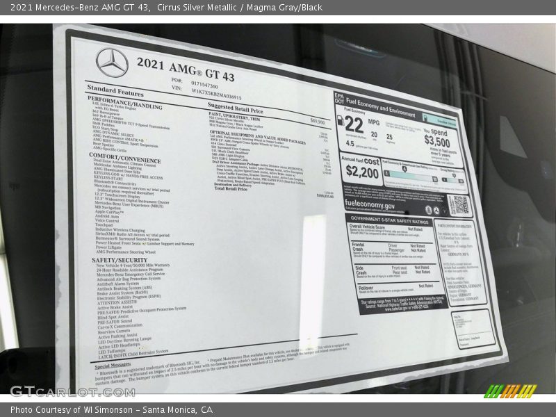  2021 AMG GT 43 Window Sticker