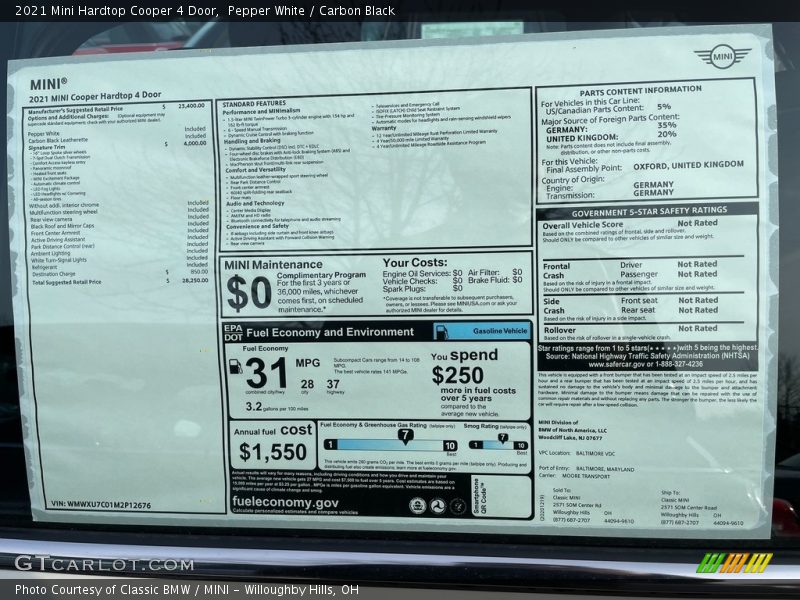  2021 Hardtop Cooper 4 Door Window Sticker