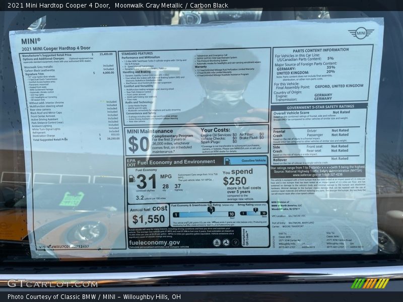  2021 Hardtop Cooper 4 Door Window Sticker