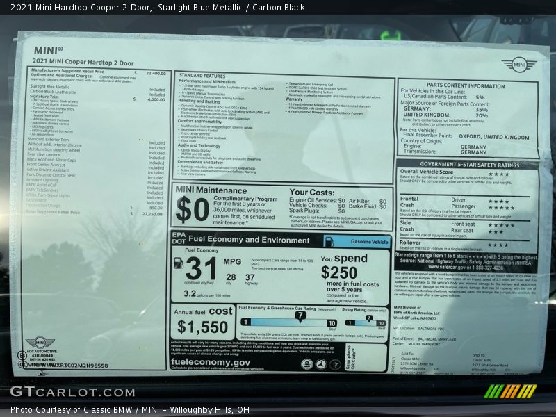  2021 Hardtop Cooper 2 Door Window Sticker