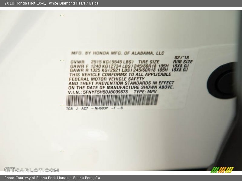 White Diamond Pearl / Beige 2018 Honda Pilot EX-L