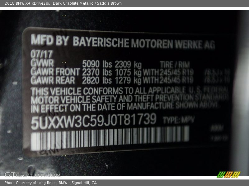 Dark Graphite Metallic / Saddle Brown 2018 BMW X4 xDrive28i