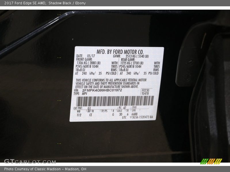 Shadow Black / Ebony 2017 Ford Edge SE AWD
