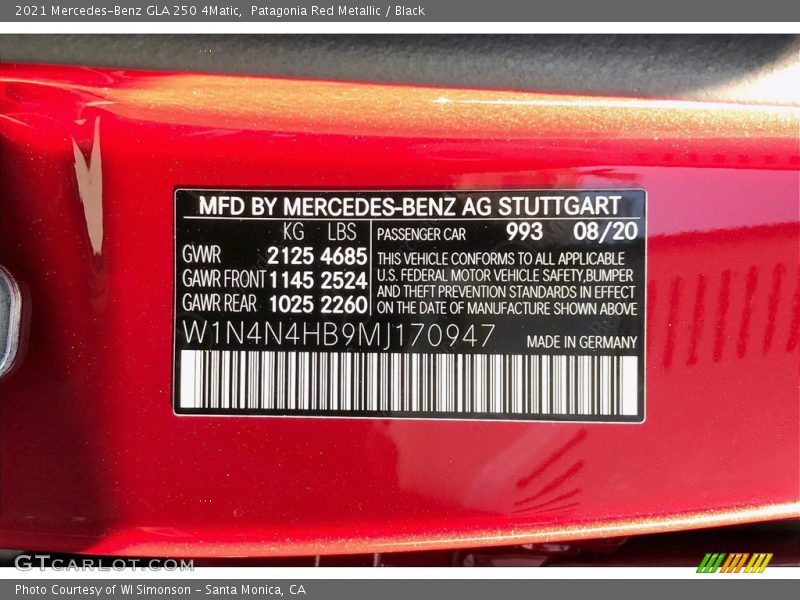 2021 GLA 250 4Matic Patagonia Red Metallic Color Code 993