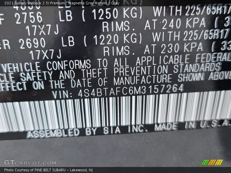 Magnetite Gray Metallic / Gray 2021 Subaru Outback 2.5i Premium