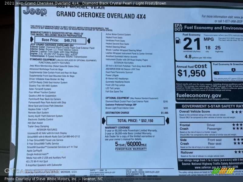  2021 Grand Cherokee Overland 4x4 Window Sticker