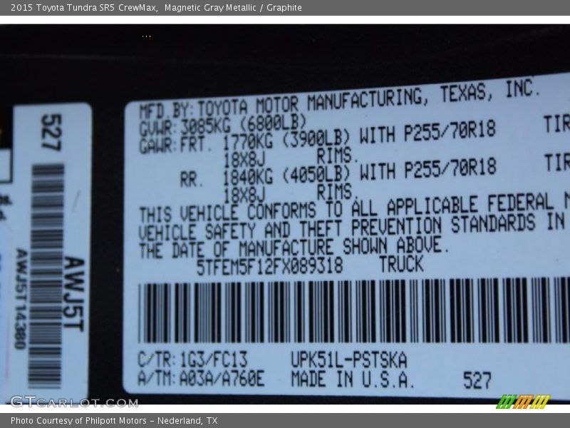 2015 Tundra SR5 CrewMax Magnetic Gray Metallic Color Code 1G3