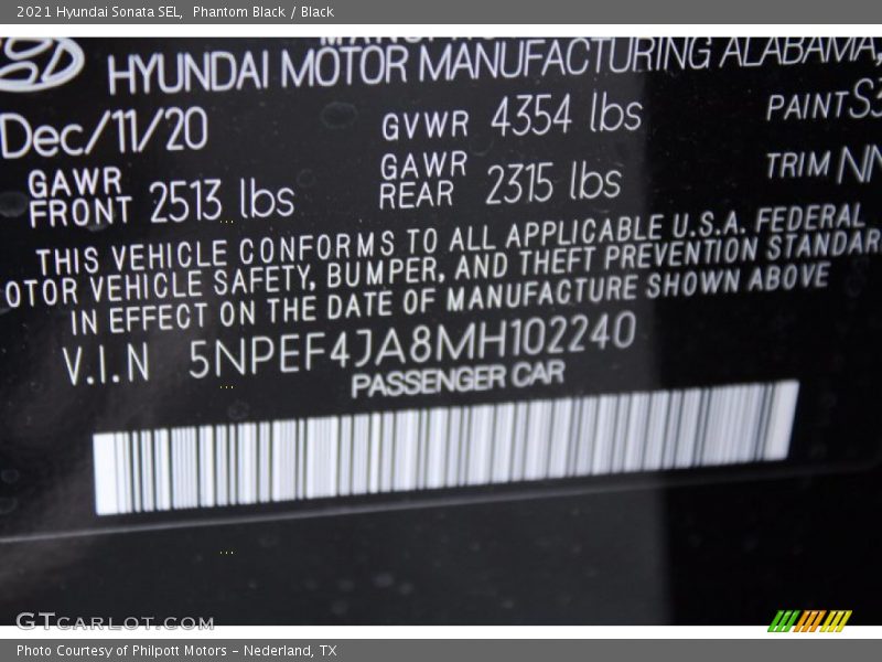 Phantom Black / Black 2021 Hyundai Sonata SEL