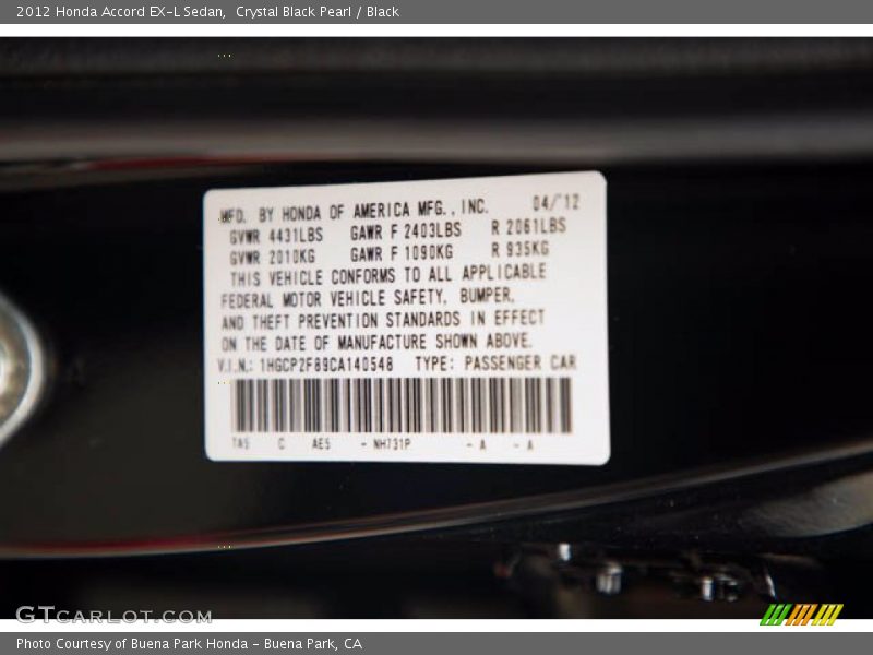 Crystal Black Pearl / Black 2012 Honda Accord EX-L Sedan