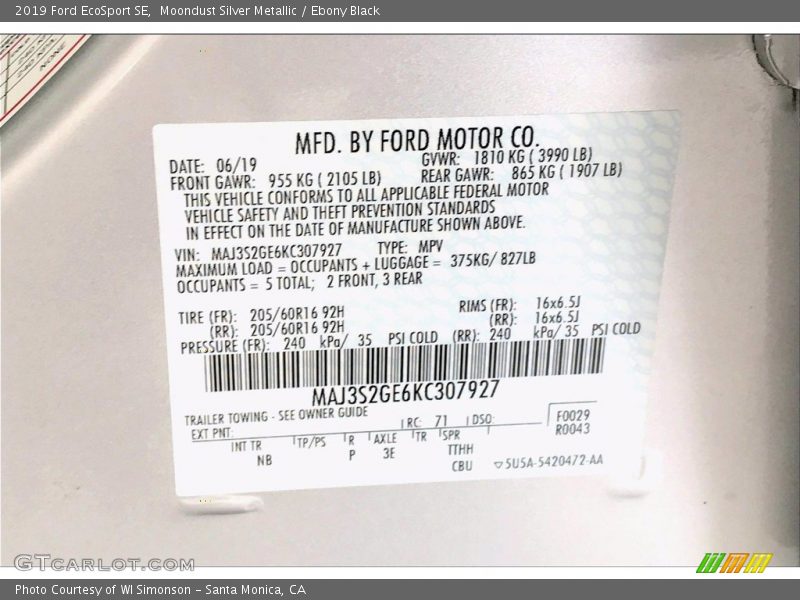 Moondust Silver Metallic / Ebony Black 2019 Ford EcoSport SE