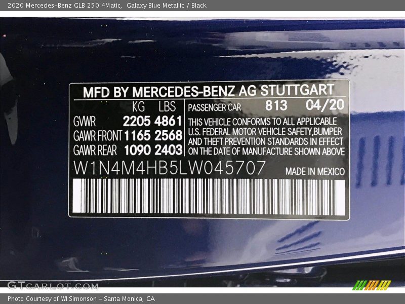 2020 GLB 250 4Matic Galaxy Blue Metallic Color Code 813