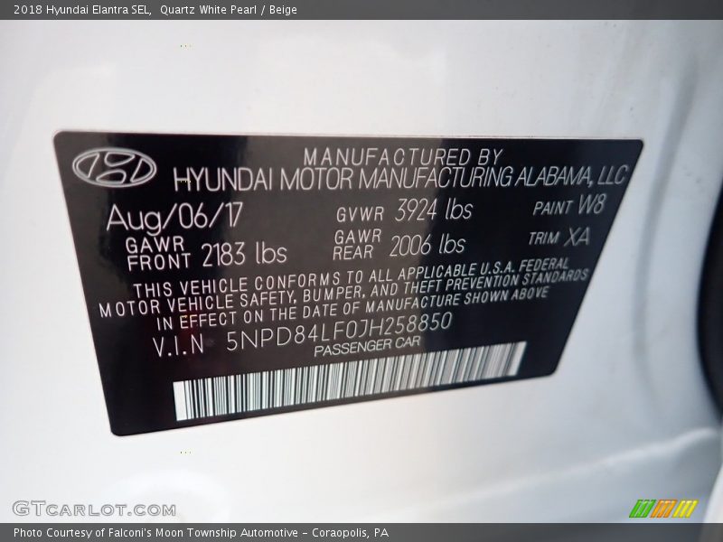 Quartz White Pearl / Beige 2018 Hyundai Elantra SEL