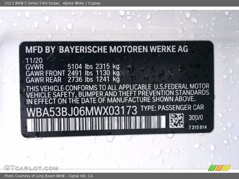 Alpine White / Cognac 2021 BMW 5 Series 540i Sedan