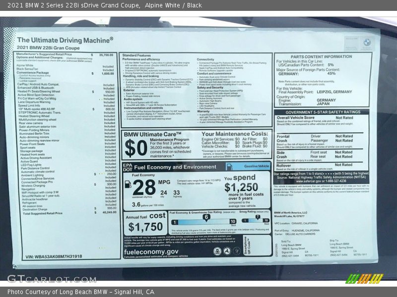 Alpine White / Black 2021 BMW 2 Series 228i sDrive Grand Coupe